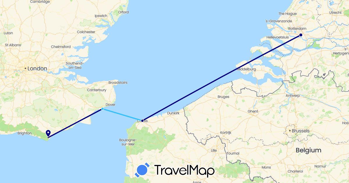 TravelMap itinerary: driving, boat in France, United Kingdom, Netherlands (Europe)